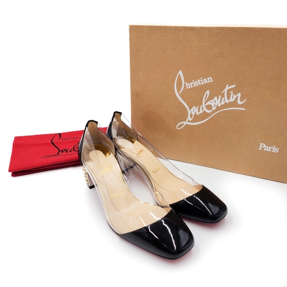 Christian Louboutin Faridaravie 25 Black Patent Leather PVC Gold Block Heels 38 - Picture 10 of 10